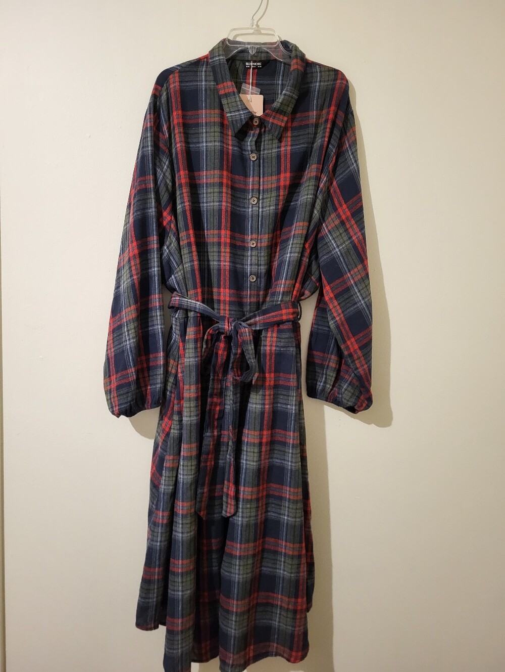 NWT Womens Navy, Red & Green Plaid Long-Sleeve Flannel Faux Shirt Dress Belted